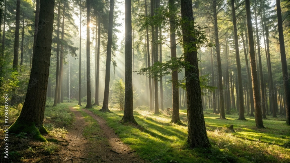 Fototapeta premium Soft focus captures the serene beauty of a forest illuminated by dappled sunlight, peaceful atmosphere, woodland setting, natural light, leafy branches, soft focus effect