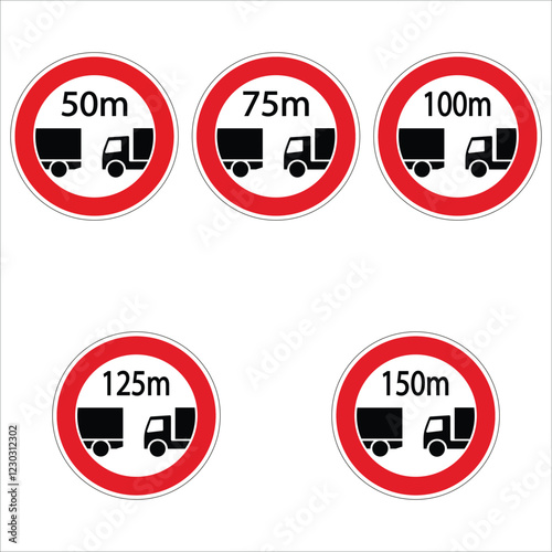 Set of circular prohibiting overtaking road signs for trucks over a minimum distance of 50, 75, 100, 125 and 150 meters
