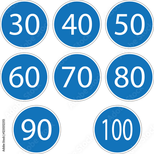 Round blue minimum speed limit signs displaying numbers from thirty to one hundred kilometers per hour