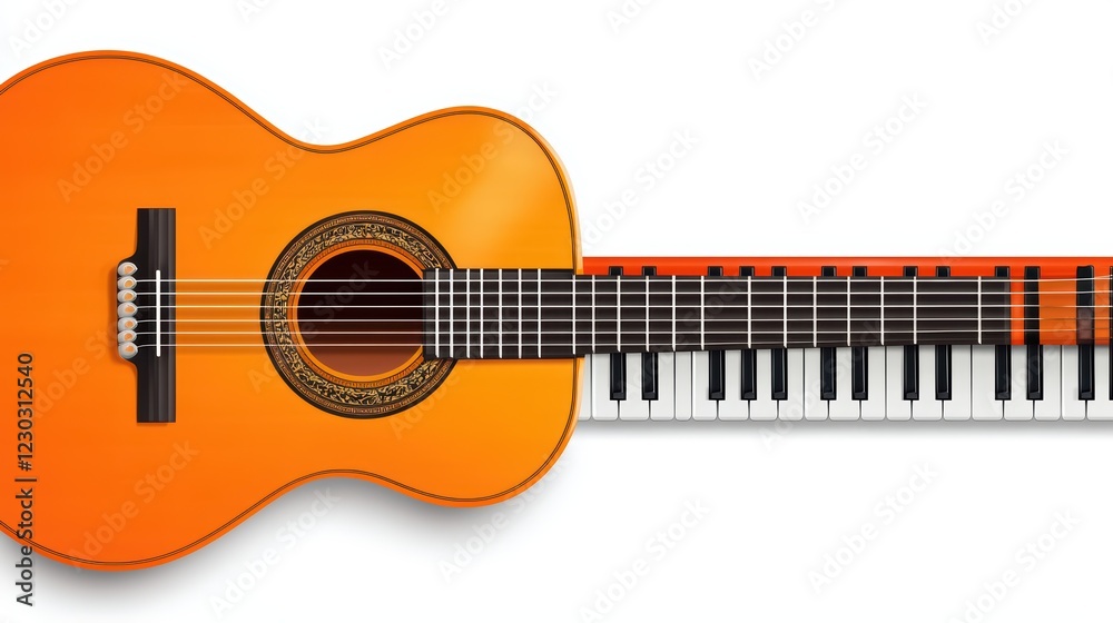Obraz premium Orange Acoustic Guitar and Piano Keyboard Fusion on White Background
