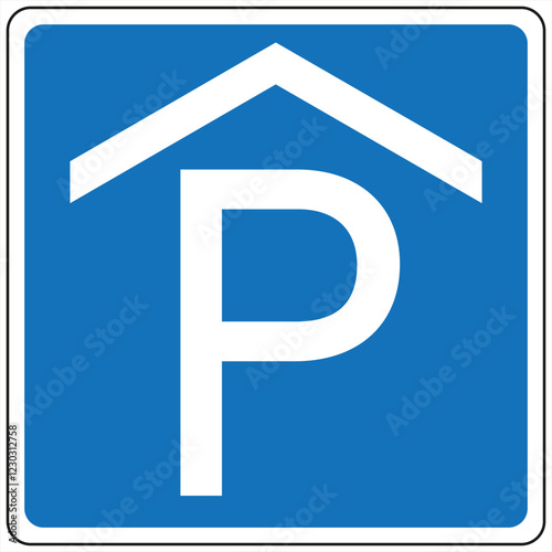 Blue and white covered parking sign indicating a designated parking area, providing clear guidance for drivers