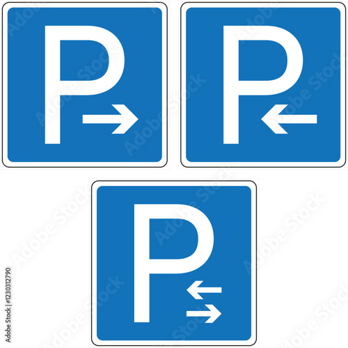 Set of square blue and white road signs indicating parking is allowed on the right side, on the left side, and on both sides of the road