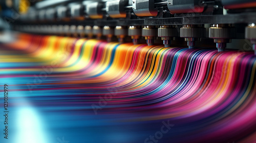 DTF printer applying vibrant colors on fabric showcasing precision and innovation in textile printing minimalistic bright tone modern blurred empty caption space on the side