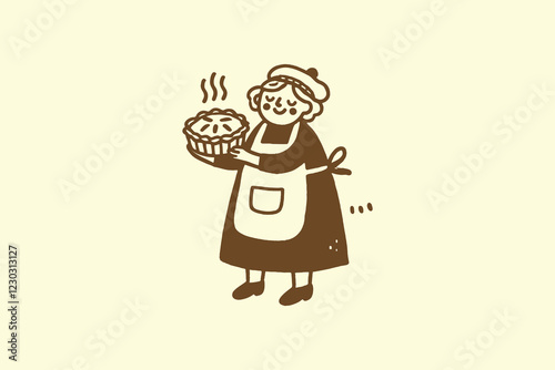 Hand-drawn minimalistic grandma with pie 