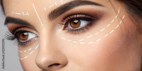 Blepharoplasty Close-up of a woman's eye with arrows indicating planned tightening and lifting of the skin around the eyes.	