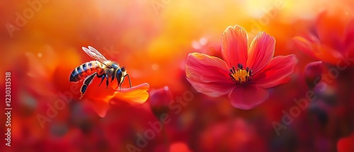 Bee pollinating vibrant red flower in nature.