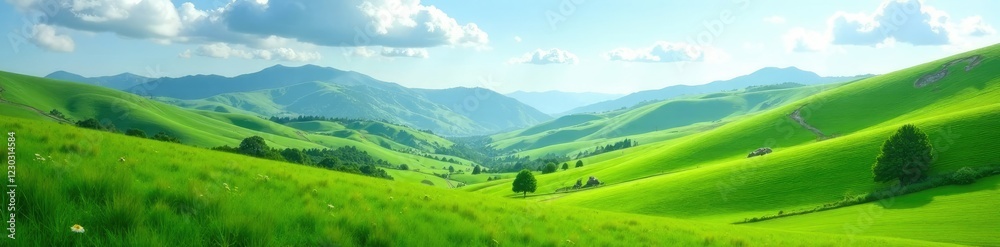 Rolling hills in mountain valley covered with lush green grass, hills, sky, landscape Rolling hills in mountain valley covered with lush green grass, hills, sky, landscape