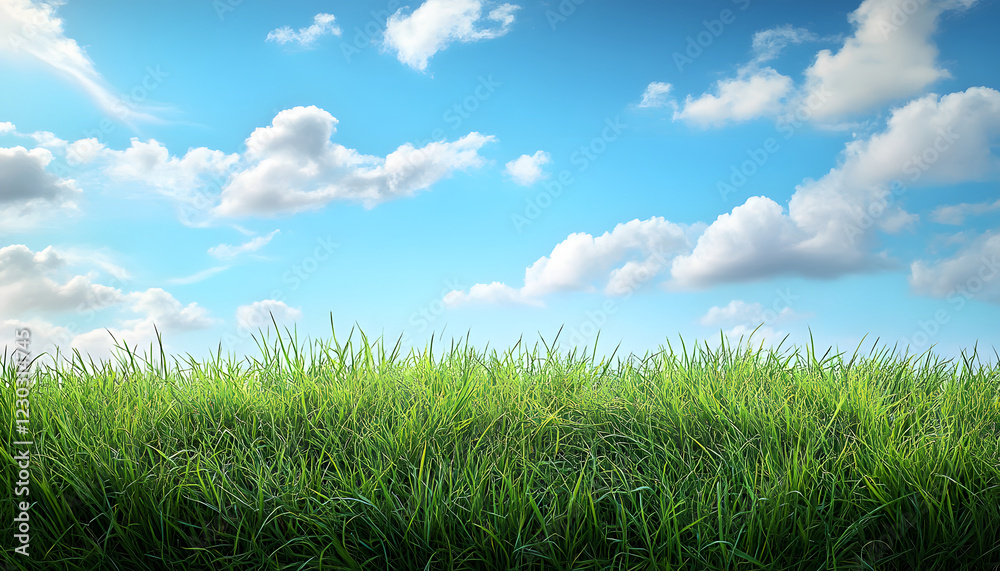 Lush green grass under a bright blue sky with fluffy clouds Lush green grass under a bright blue sky with fluffy clouds