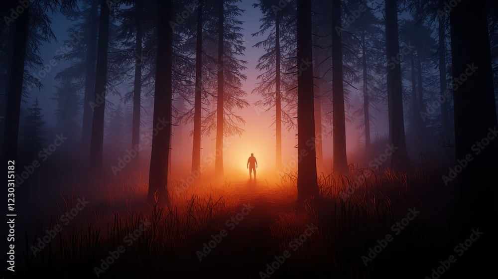 Mysterious Figure in Foggy Forest with Glowing Background Light Mysterious Figure in Foggy Forest with Glowing Background Light