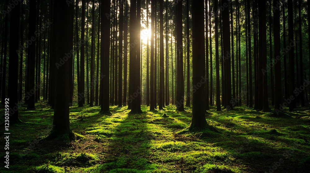 Obraz premium Sunlight filtering through a dense green forest.