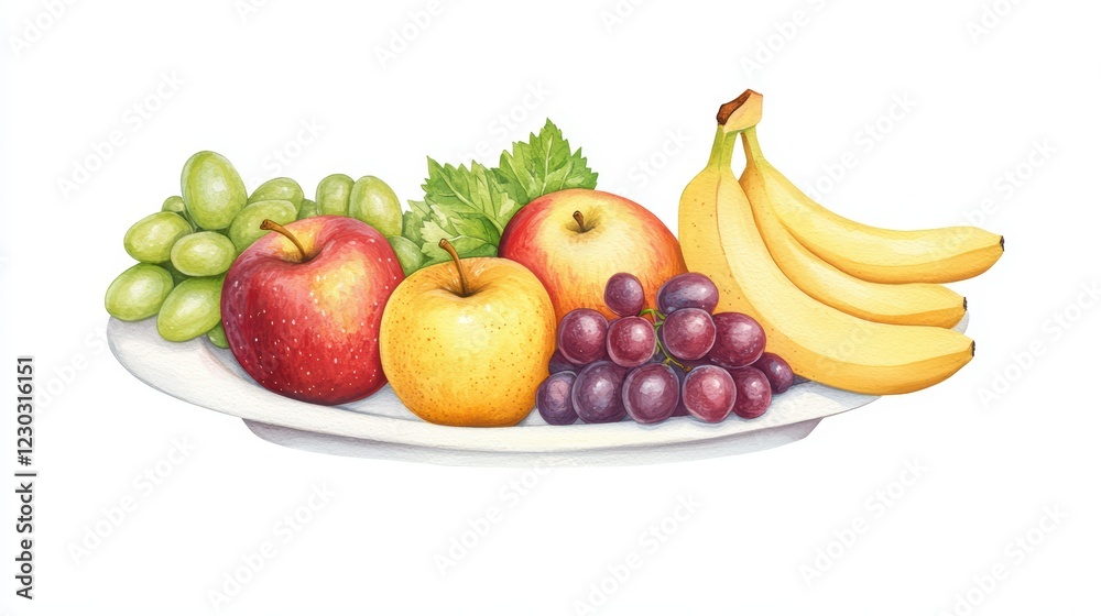 Fresh Fruit Arrangement on White Plate with Apples and Bananas Fresh Fruit Arrangement on White Plate with Apples and Bananas