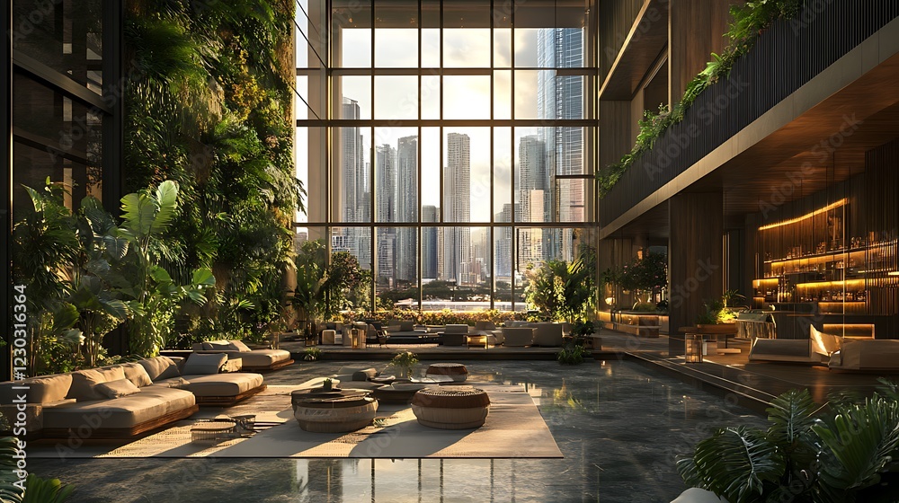 Fototapeta premium Warm and inviting living room featuring glowing cityscape through glass walls