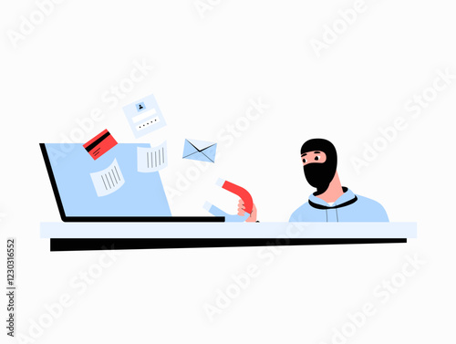 Online Fraud, Cyber Criminal Stealing Data in Flat Vector Illustration Symbolizing Phishing, Identity Theft, and Cybersecurity Breach, Isolated on White Background