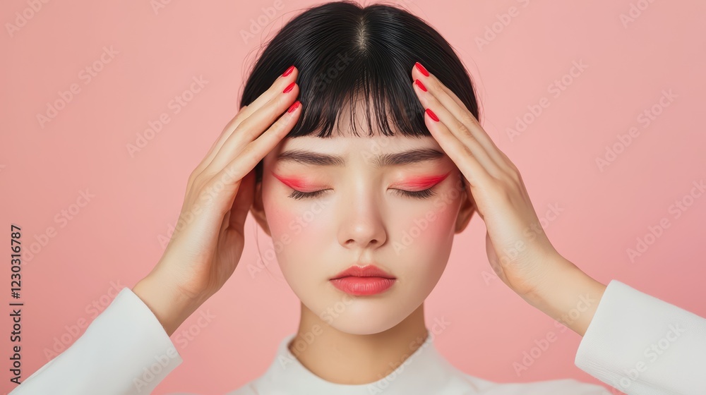 Female model with elegant makeup and hands on head against pink background Female model with elegant makeup and hands on head against pink background