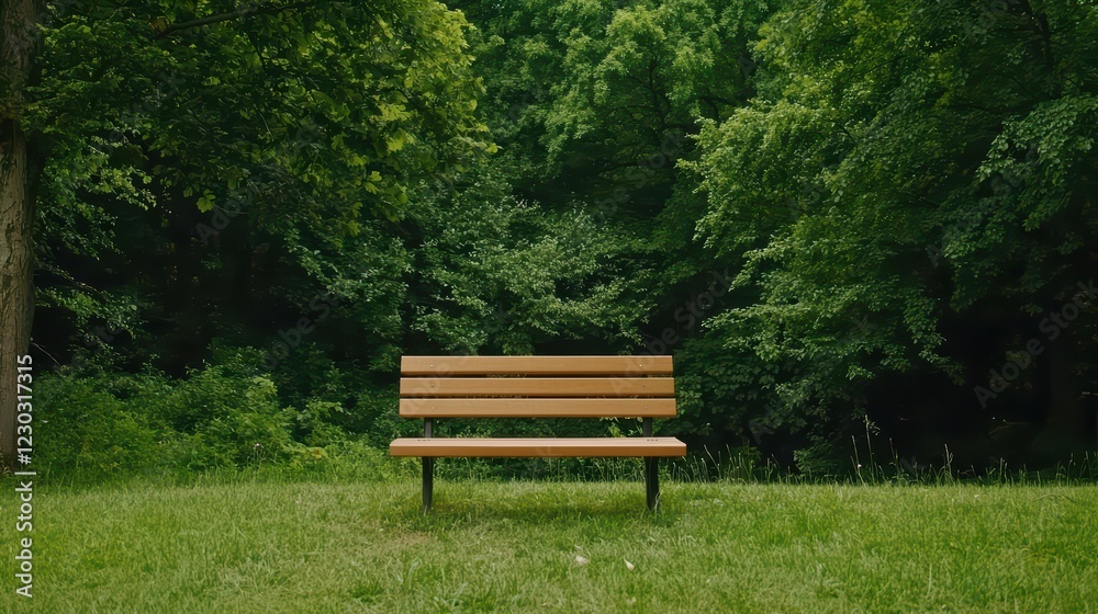 Tranquil Park Bench Surrounded by Lush Green Forest Environment Tranquil Park Bench Surrounded by Lush Green Forest Environment