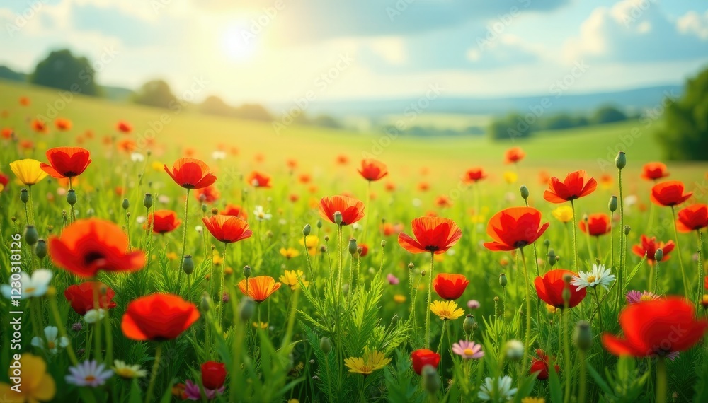 A colorful meadow filled with wild red poppies and other spring wildflowers, green, spring, colorful meadow A colorful meadow filled with wild red poppies and other spring wildflowers, green, spring, colorful meadow