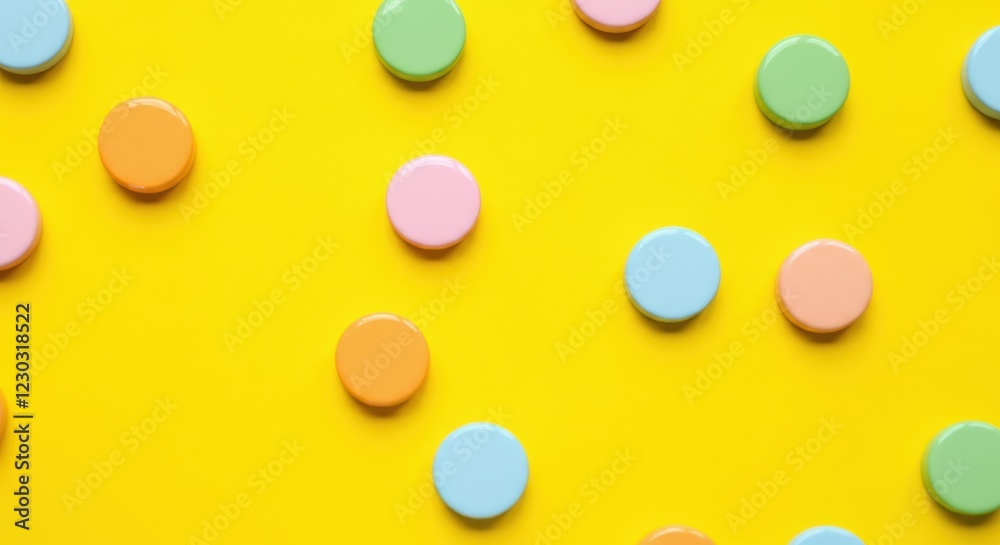 Colorful round candies scattered on a bright yellow background Colorful round candies scattered on a bright yellow background