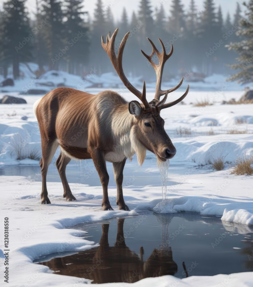 Reindeer drinking from an ice-filled pond on a chilly Christmas Eve morning, cold weather, animal behavior Reindeer drinking from an ice-filled pond on a chilly Christmas Eve morning, cold weather, animal behavior
