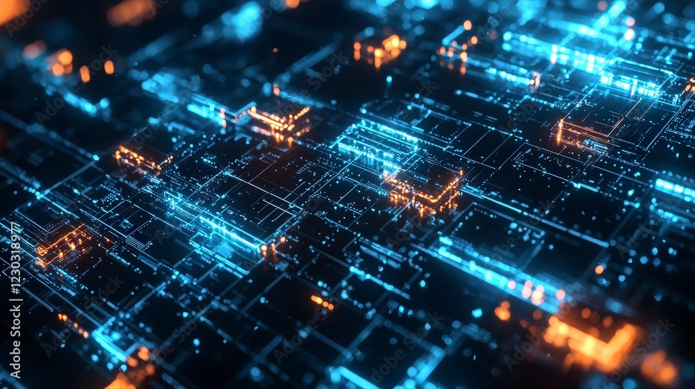 Futuristic Digital Technology Abstract with Bright Blue and Orange Lights