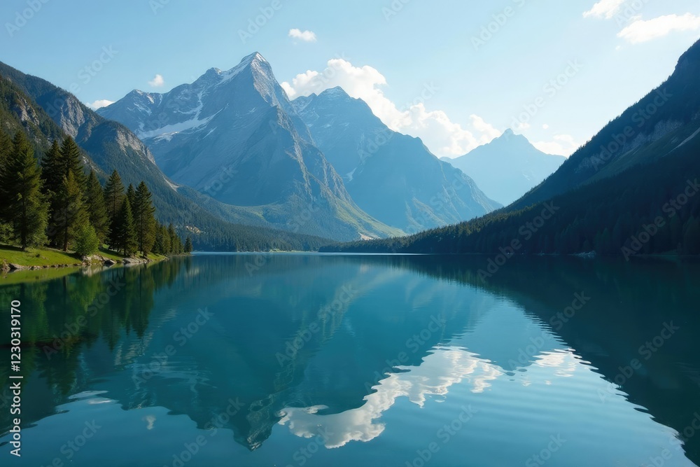 A lake's surface mirrors the towering mountain, mountain, lake A lake's surface mirrors the towering mountain, mountain, lake