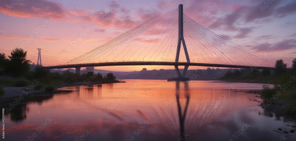 Obraz premium River flowing under cable stayed bridge at dawn, water, movement, reflection
