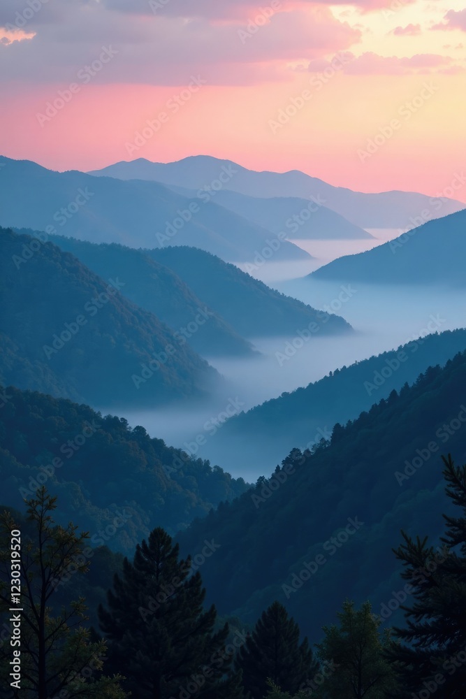 Obraz premium Rolling hills and mountains covered in a thick layer of mist at twilight, hills, forest