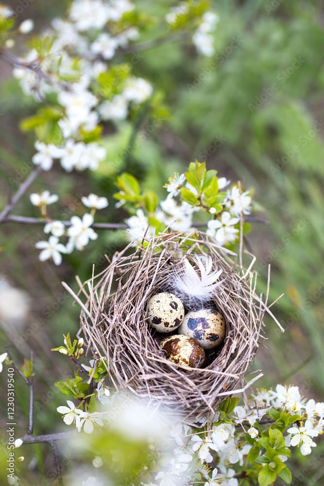 Natural background with a nest in flowering branches. Natural background with a nest in flowering branches.