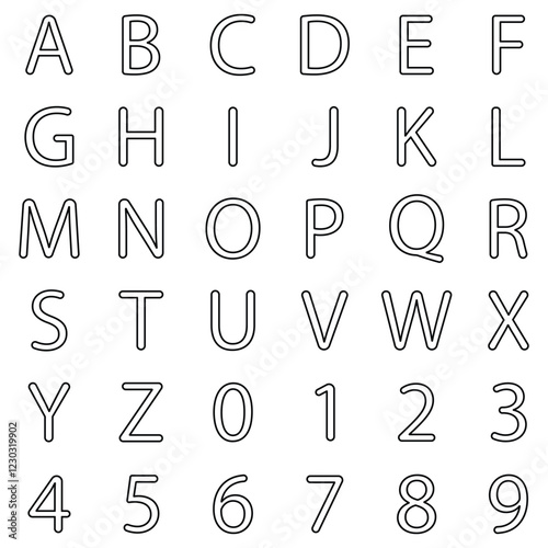 Alphabet and numbers black outline style , icon design
