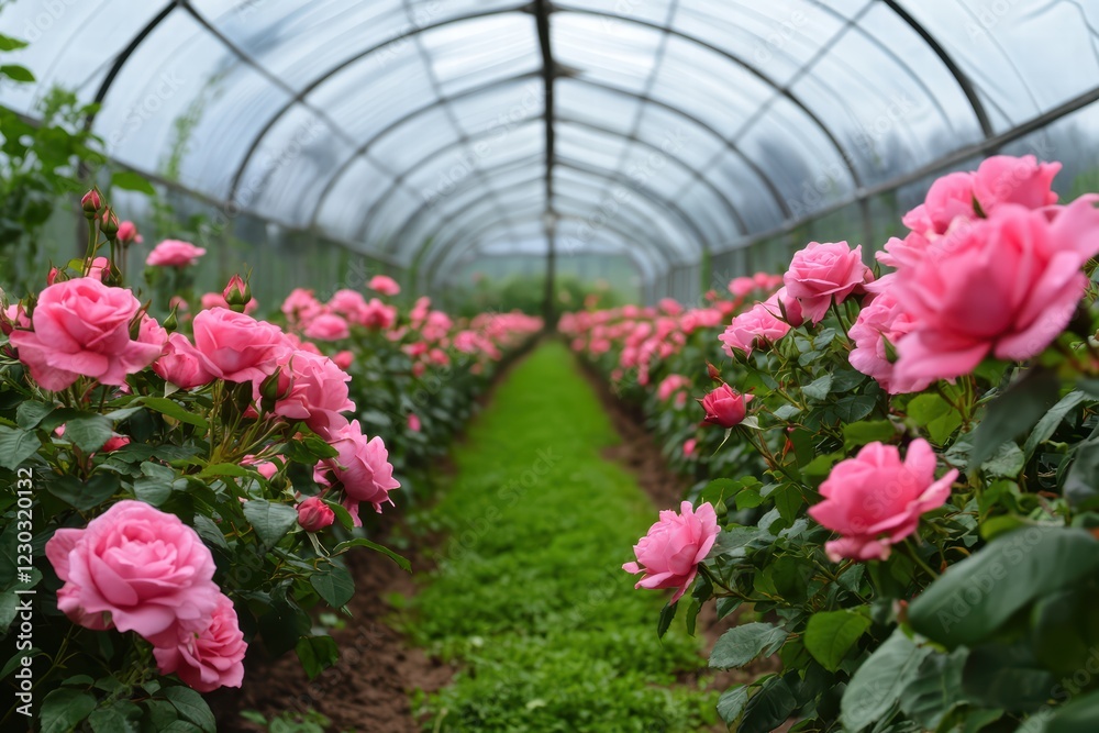 Fototapeta premium Lush Greenhouse with Rows of Vibrant Pink Roses in Full Bloom