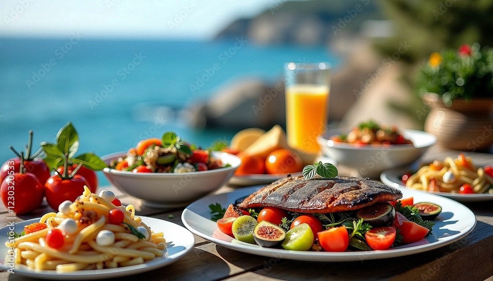 Assorted Mediterranean Appetizers and Drinks on Blue Background Assorted Mediterranean Appetizers and Drinks on Blue Background