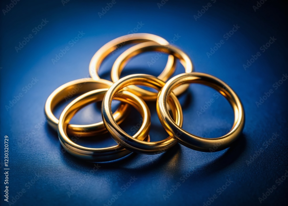 Minimalist Gold Rings Circle on Dark Blue Background - Elegant Jewelry Stock Photo Minimalist Gold Rings Circle on Dark Blue Background - Elegant Jewelry Stock Photo