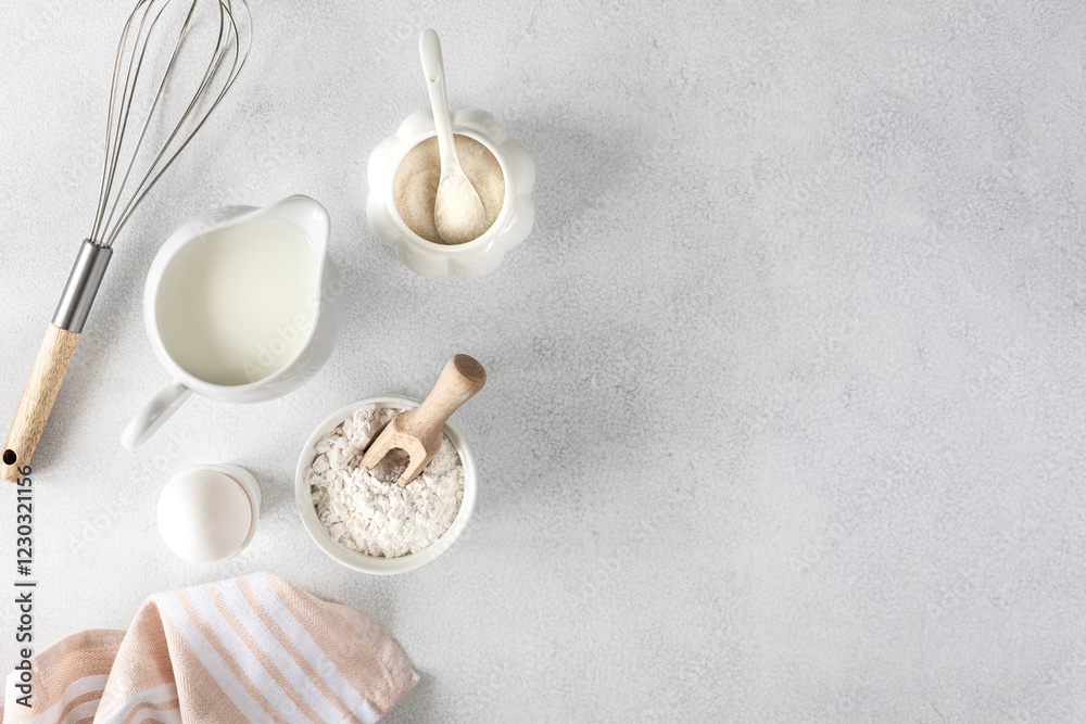 baking ingredients, egg, flour, sugar, milk and kitchen tools on a white background. baking ingredients, egg, flour, sugar, milk and kitchen tools on a white background.