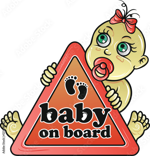 Adorable baby with pacifier and bow holding a baby on board sign