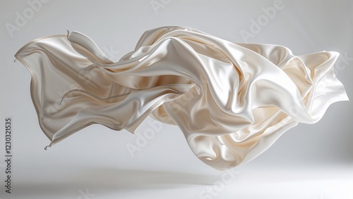 Flying White Silk Fabric Floating Gracefully on a White Background, Soft and Flowing Texture

