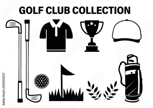 Golf clip art vector Isolated vector set, Golf bat ball uniform beg, cap and award with hockey all Instruments club collection