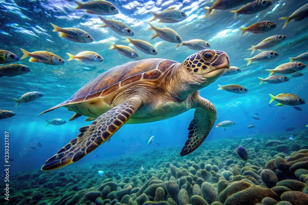Fototapeta premium Sea turtle swimming and playing in the ocean with schools of small fish nearby, underwater world, sea turtle, seaweed