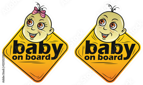 Baby on board sign with footprint, yellow and black colors, for car window