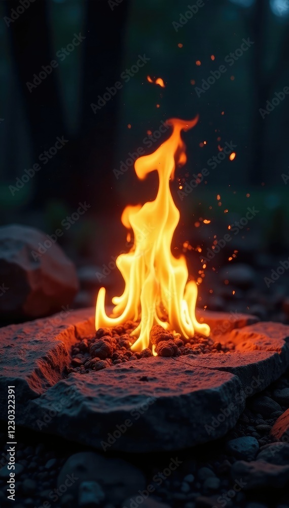 Flickering flames dance on stone surface at night, heat, flames, glow Flickering flames dance on stone surface at night, heat, flames, glow