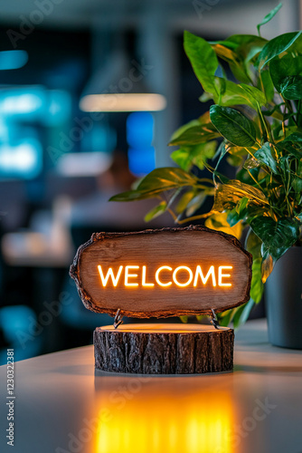 Rustic wooden welcome sign with glowing neon letters on a natural wood base in a modern office environment with green plants, symbolizing hospitality, warmth, and a welcoming workspace