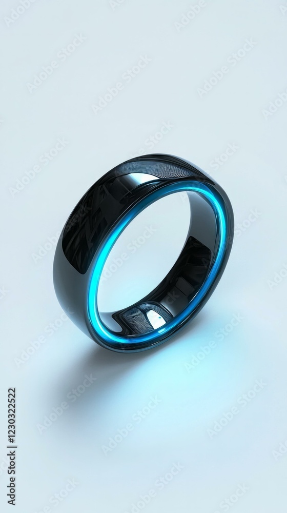 Sleek black ring with glowing blue inner band on light background Sleek black ring with glowing blue inner band on light background