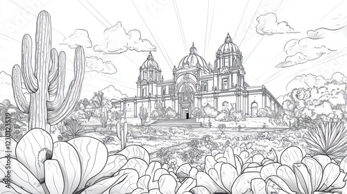 Wallpaper Mural Desert Cathedral Sunrise Southwestern church, cacti foreground, travel brochure Torontodigital.ca