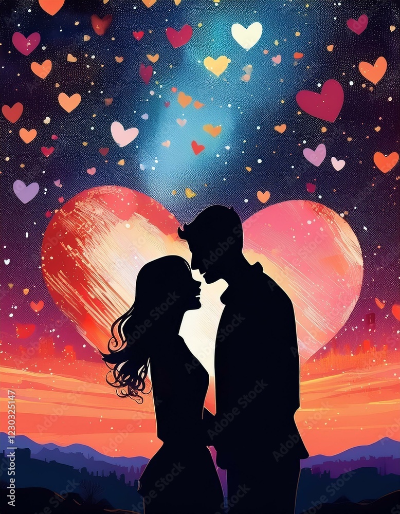 silhouettes of lover in eternal light with hearts 