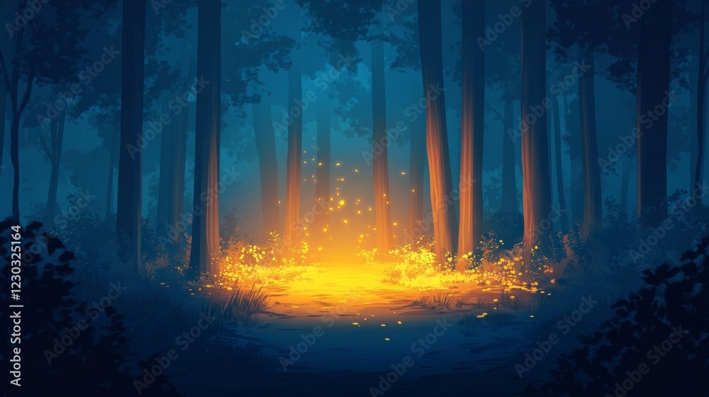 Fototapeta premium Enchanted Forest at Night with Glowing Fireflies and Campfire