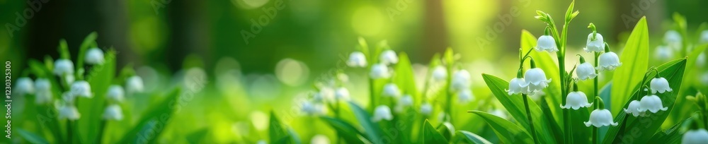 Obraz premium Lily of the valley flowers in a garden with lush greenery, spring, lily, of