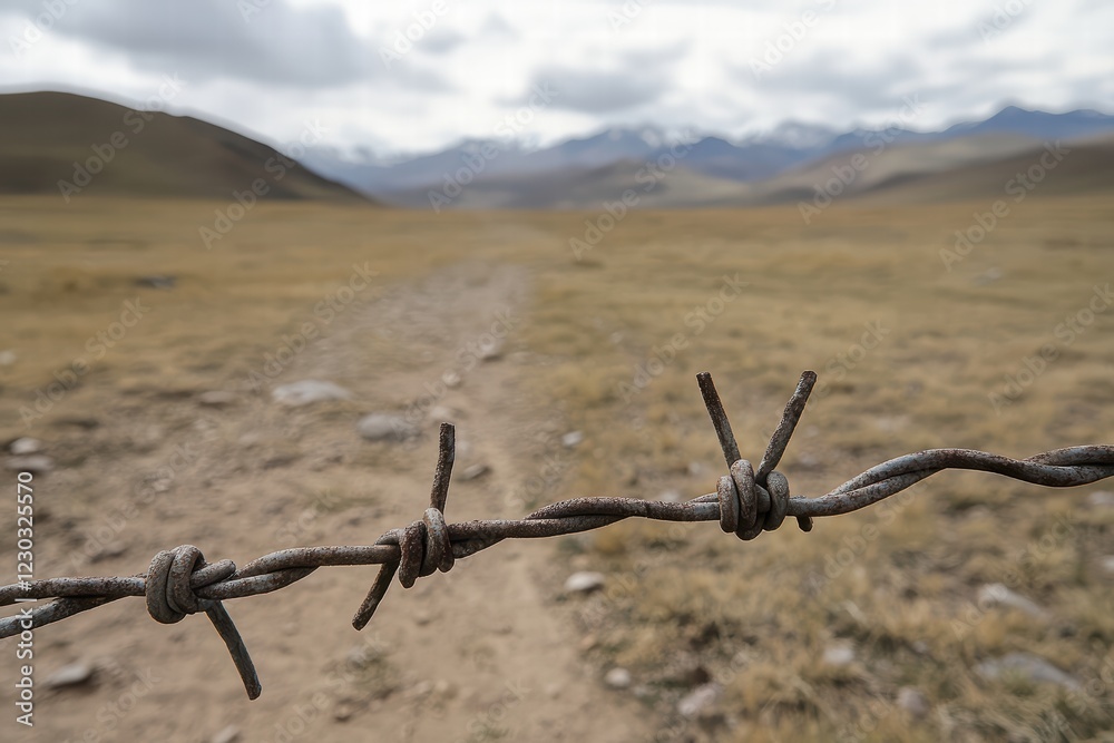 Rustic Barbed Wire Fence Against a Vast Mountainous Landscape Rustic Barbed Wire Fence Against a Vast Mountainous Landscape