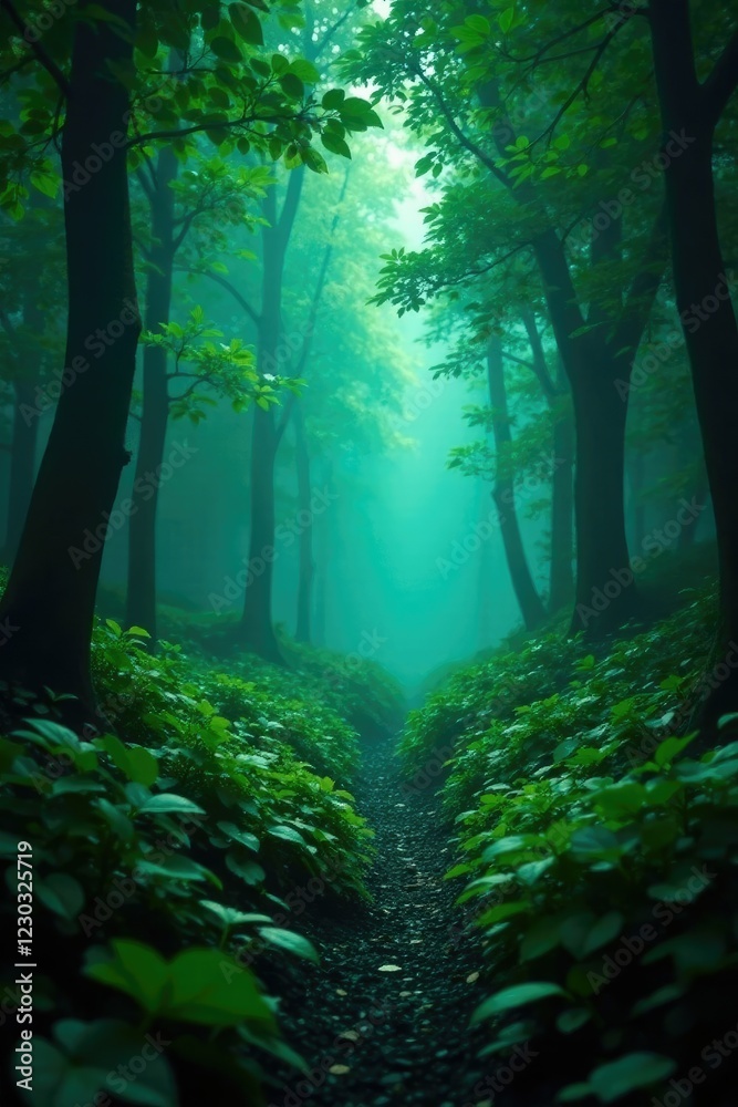 Fototapeta premium Lush foliage in a mystical forest with a misty atmosphere, leaves, mysterious