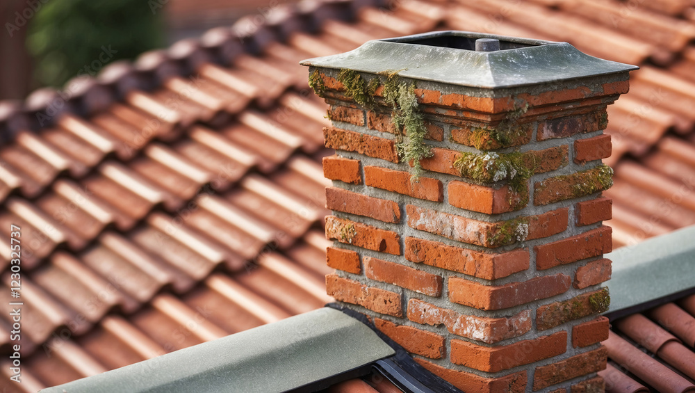 Naklejka premium Brick chimney on a rooftop with terracotta tiles in a residential setting