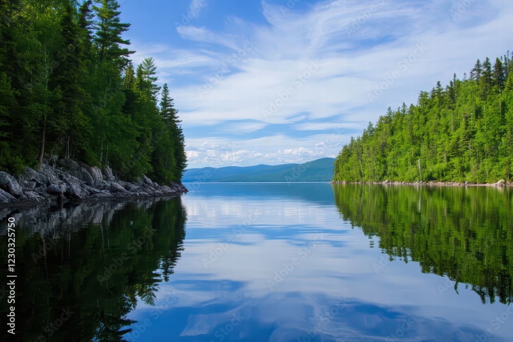 Naklejka premium Serene Lake Surrounded by Lush Green Forest Under Blue Sky