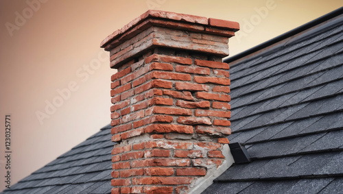Brick chimney on a rooftop at sunset highlighting craftsmanship and architecture