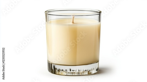 Cream Colored Candle in Clear Glass Jar on White Background photo